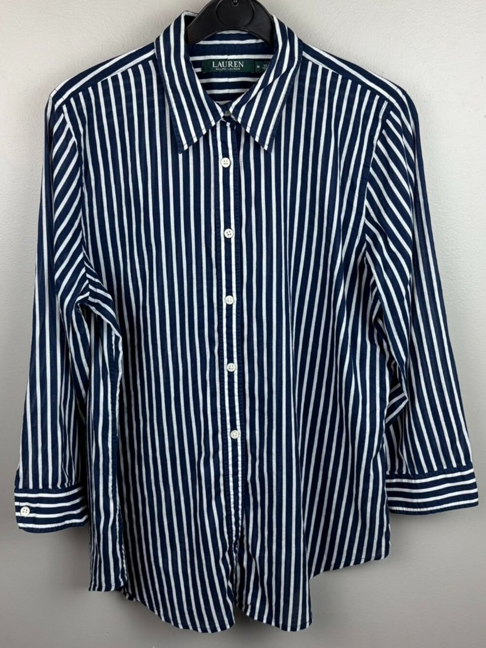 Lauren Ralph Lauren Navy Blue & White Striped Button Up Size Medium Nautical